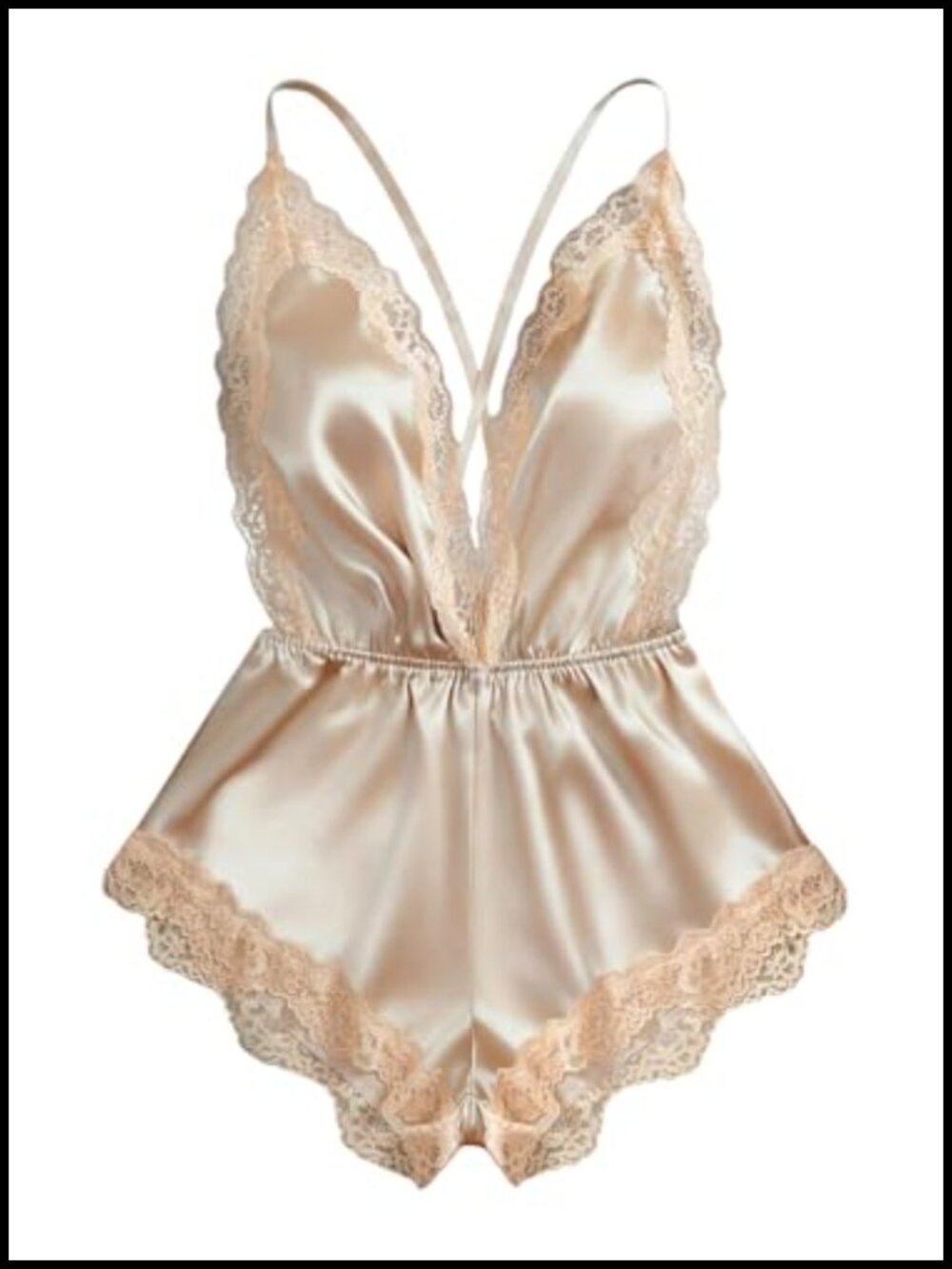 Lace Satin Teddy Bodysuit Deep V Neck Crisscross Sleepwear